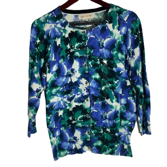 Jones New York Blue Green White 3/4 Sleeves Button Up Sweater Round Neck Size M - Picture 1 of 16